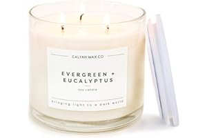 Calyan Wax Co. Evergreen & Eucalyptus 3 Wick Scented Candle - 43 Hour Burn - Luxury 3 Wick Soy Candles - Non Toxic Soy Wax Candles - Long Lasting Large Glass Jar Candle for Home - 14.9oz