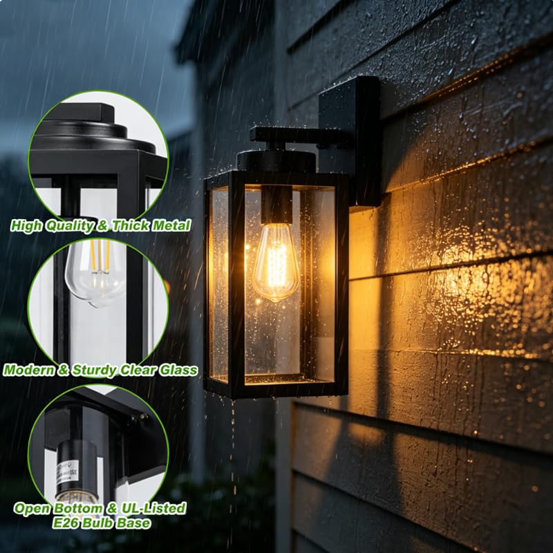 XZM Waterproof Outdoor Wall Light Fixture 2 Pack, Black Exterior Porch Light Wall Sconce with Clear Glass, Anti-Rust Weatherproof E27 Base for House Front Door Patio Garage Garden (2 Pack)