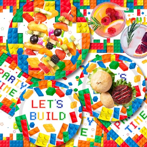 Building Blocks Party Tableware, 16 Guests Building Blocks for Parties Set Building Block Birthday Banner Plates Cups Napkins Tablecloths etc Tableware for Birthday Parties