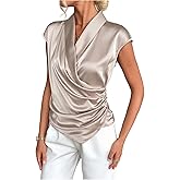 Floerns Women's Elegant Wrap V Neck Satin Blouses Cap Sleeve Dressy Casual Shirts