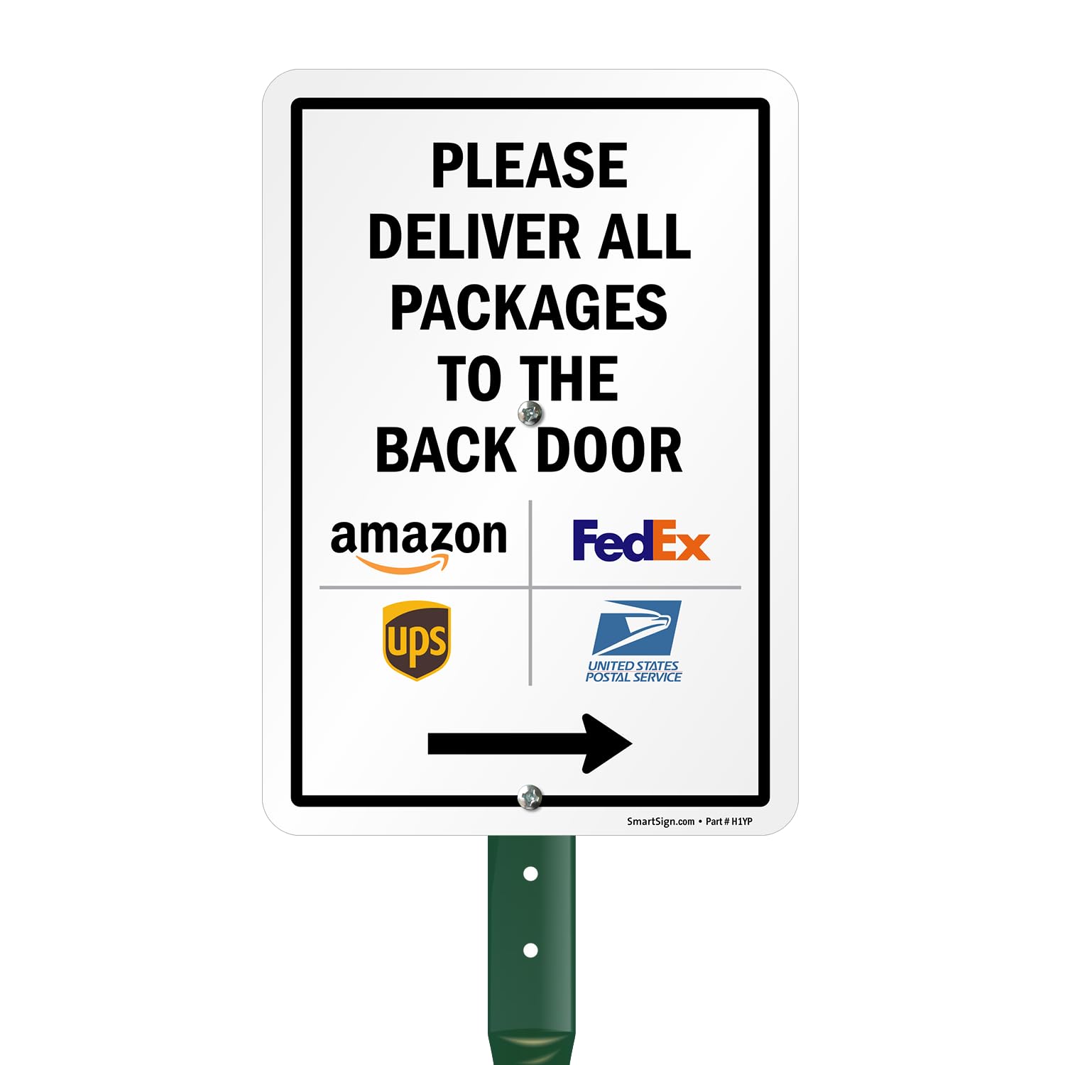 Photo 1 of SmartSign 10 x 7 inch “Please Deliver All Packages to The Back Door” Right Arrow Yard Sign, 40 mil Laminated Rustproof Aluminum, 21.5 inch Tall 