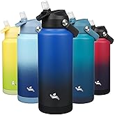 Konokyo Insulated Water Bottle with Straw Lid,32 oz Stainless Steel Vacuum Metal Bottle with Silicone Handle,Black Blue