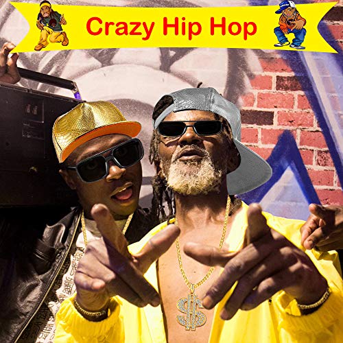 8 Pieces 80s 90s Hip Hop Costume Set Rapper Outfits,2 Adjustable Flat Brim Snapback Baseball Cap 2 Hip Hop DJ Sunglasses 2 Gold Chain with Dollar Sign Pendant 2 Bracelet for Cool Rapper Outfits
