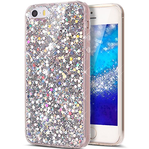 iPhone 5S Case,iPhone 5 Case,iPhone SE Case,iPhone 5S 5 SE Case,ikasus Luxury Sparkle 3D Bling Diamond Glitter Paillette Flexible Soft Rubber Gel TPU Protective Case Cover for iPhone 5S 5 SE,Silver