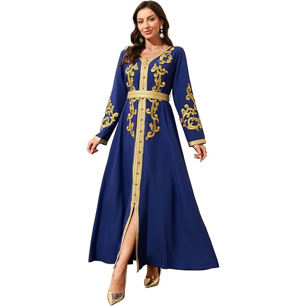 Pulcykp Morocco Muslim Dress Abaya Women Islamic Party Dresses Belt  Embroidery Kaftan Light Blue M at Amazon Women's Clothing store