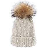 Womens Girls Winter Knitted Beanie Hat Faux Fur Ball Pom Pom Pearls Beaded Trim Hat Warm Cap