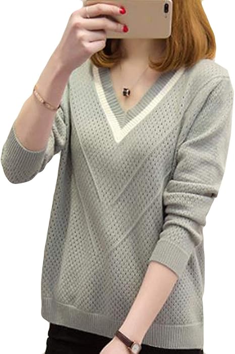 Amazon Aozuoニットセーター レディース ｖネック ゆったり カジュアル 長袖 トップス カットソー 韓国風 無地 シンプル 透け感 可愛い 原宿風 ｂｆ風 セーター 通販