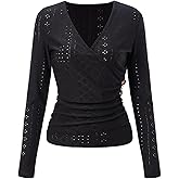 winkbay Women's Elegant Wrap V Neck T Shirts Eyelet Embroidery Ruched Long Sleeve Dressy Casual Tops