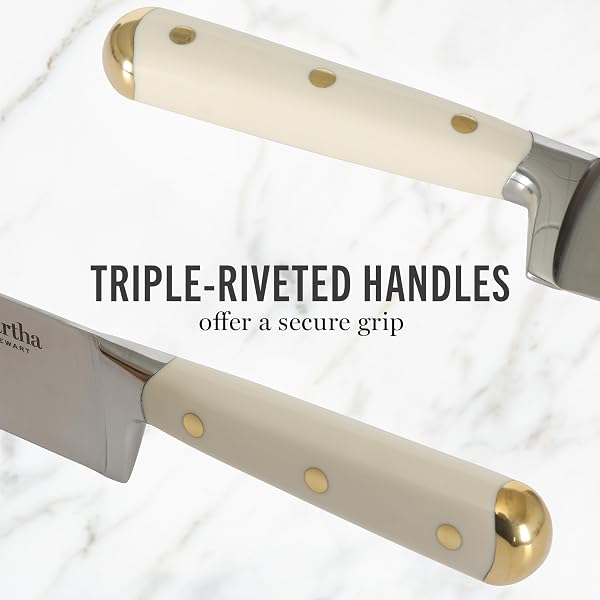 MARTHA STEWART KNIFE BLOCK SET 16-PIECE – LOCKTON HIGH CARBON STAINLESS STEEL FORGED FULL TANG CHEF KNIVES, ACACIA WOOD BLOCK, TRIPLE RIVETED HANDLES, LINEN WHITE & GOLD