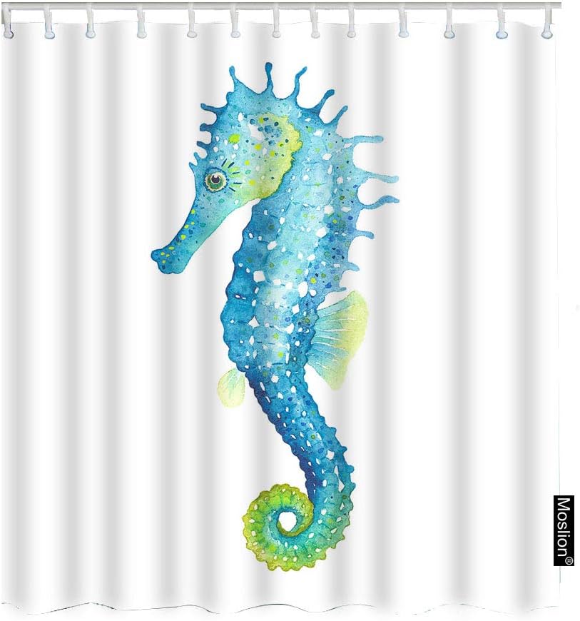 Moslion Seahorse Shower Curtain Set Watercolor Ocean Animal