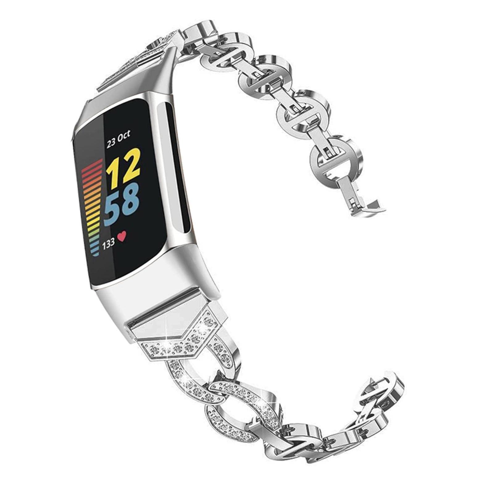 ahayo Replacement Strap for Fitbit Charge 6 / Charge 5, Alloy Metal with Bling Crystal Women Hollow Quick Release Wristband for Fitbit Charge 5 Activity Tracker (Silver)