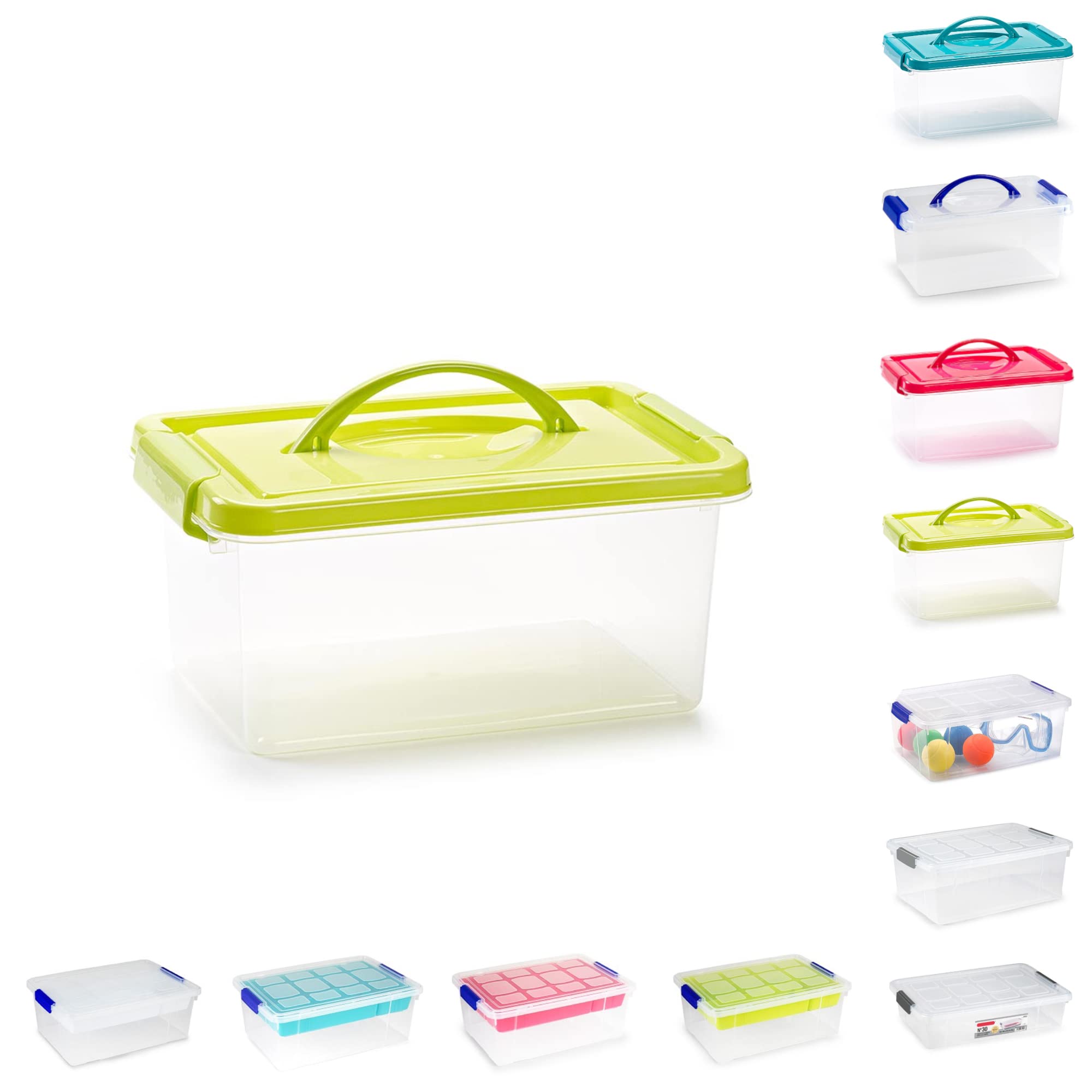 Plastic Storage Box Lightweight Robust Stackable Storage Boxes with Lid, Clear Latch Boxes, Plastic Organiser, Space Saving Solution for Home Office (4L - Green Lid Storage Box with Handle) — image 1