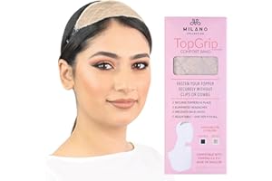 MILANO COLLECTION Glueless Top Grip for Hair Topper & Wiglets, Adjustable Translucent Strap with Side Openings, Top Headband for Your Wig or Topper, Includes Clips, Beige, Small