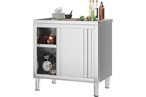 PulseFay Stainless Steel Work Table with Cabinet 31"x20",Commercial Kitchen Workbench with Sliding Doors for Prep Work, Heavy Duty Prep Table for Restaurant,Garage,Warehouse