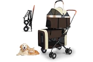 YYW Double Pet Stroller for Small Dogs & Cats - 4 in 1 Foldable Dog Stroller with 2 Detachable Carriers, Lockable Wheels & Safety Belts, Ideal for Multi-Pet Homes Walks & Travel(Brown)
