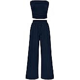 PRETTYGARDEN Womens Summer Outfits 2 Piece Sets Casual Ribbed Knit Crop Tube Top Wide Leg Pants Spring Matching Lounge Set