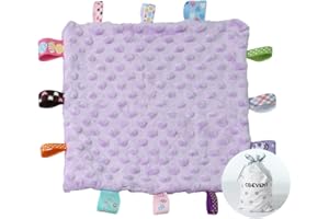CREVENT Tag Security Blankets for Babies, Soft Small Loveys for Girls, Baby Comforter Sensory Blanket, Great Gifts for Birthday Baby Shower (10"X10" Purple Tag)