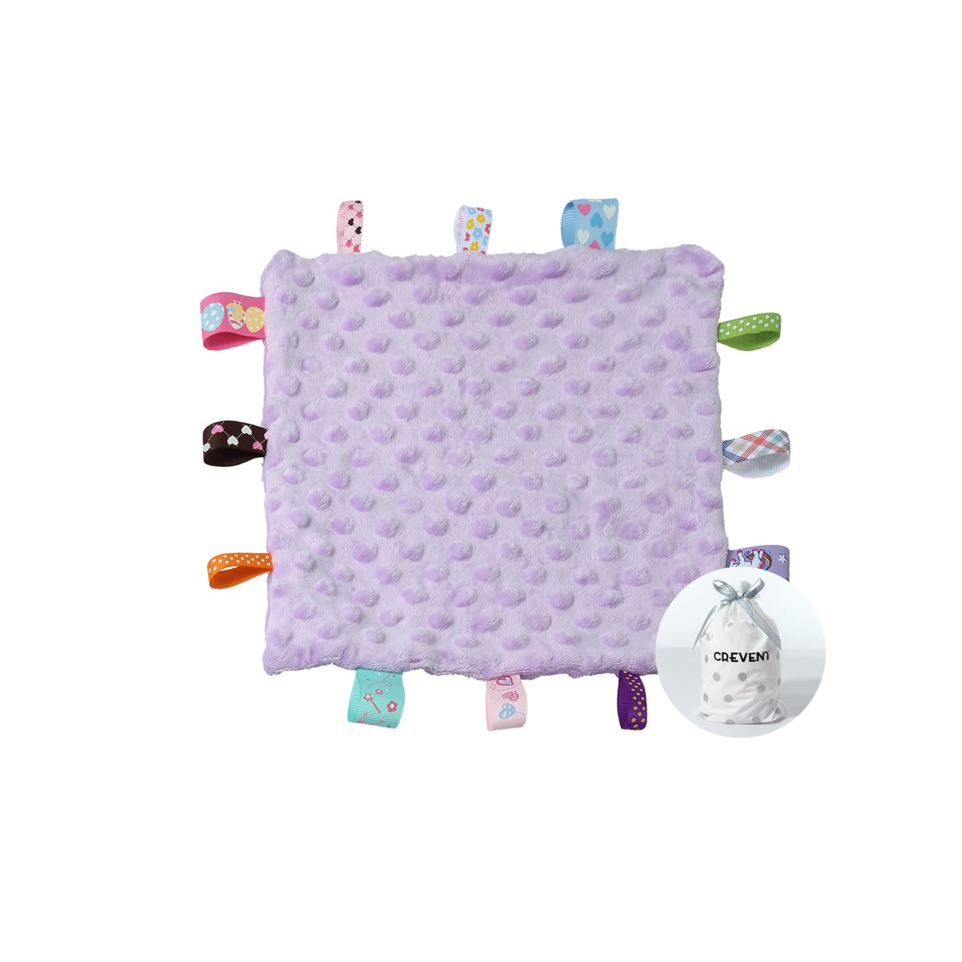 CREVENT Fleece Plush Tag Security Blankets for Babies, Soft Small Loveys for Girls, Baby Comforter Sensory Blanket, Great Gifts for Birthday Baby Shower (24.5X24.5cm Purple Tag)