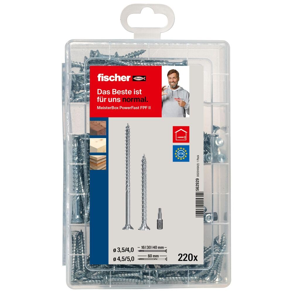 fischer Meister-Box PowerFast II Chipboard Screw, Presorted Assortment Box with 220 Blue-Galvanised Screws & 2 Bits, Countersunk Head, TX Drive, Partial & Full Thread, Universal Set for Mounting โ image 1