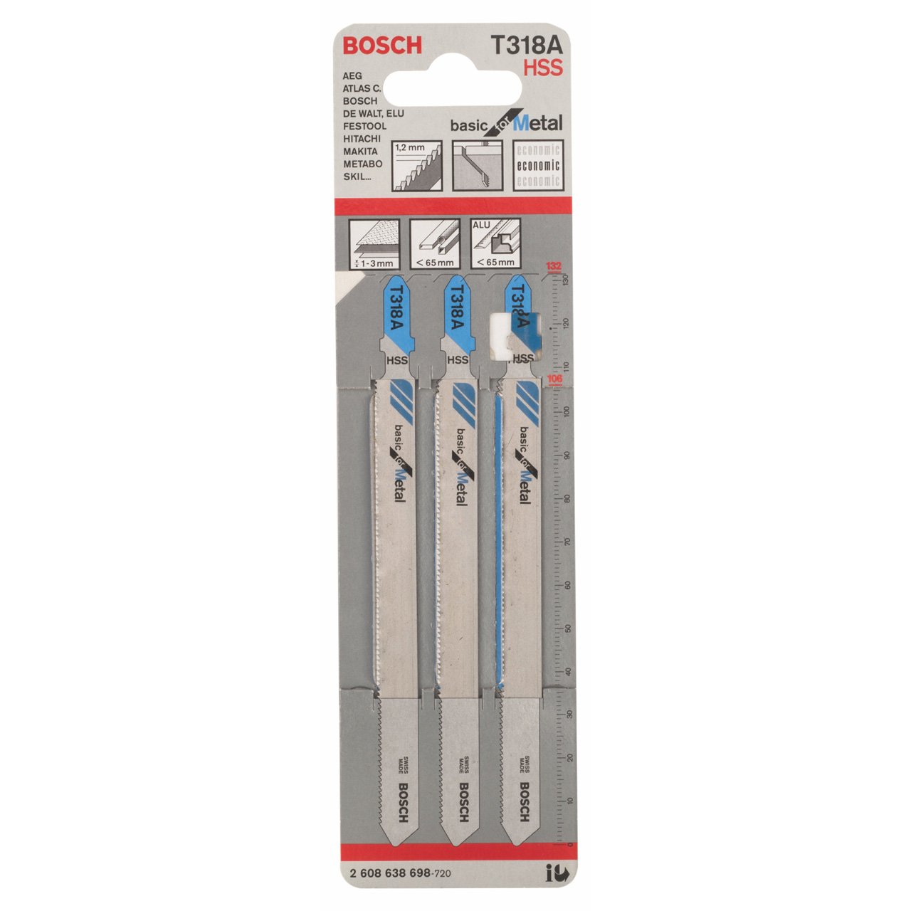 Bosch Professional 3x Jigsaw Blade T 318 A Basic for Metal (for Metal pipes & profile, thin-wall, Accessories Jigsaw)