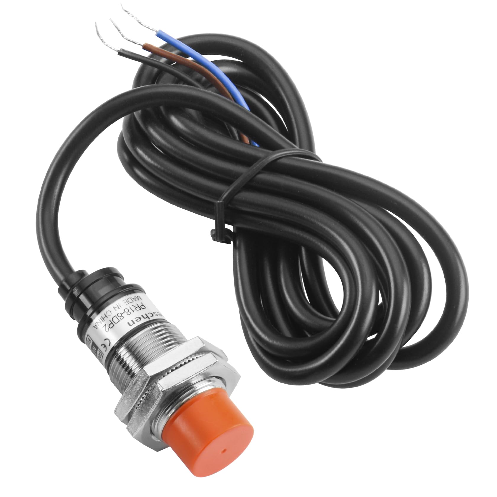 Heschen Inductive Proximity Sensor Switch PR18-8DP2 Cylindrical Type, 8mm Sensing, M18 Round, Non-Shielded, 10-30VDC 3-Wire, PNP NC(Normally Closed) CE