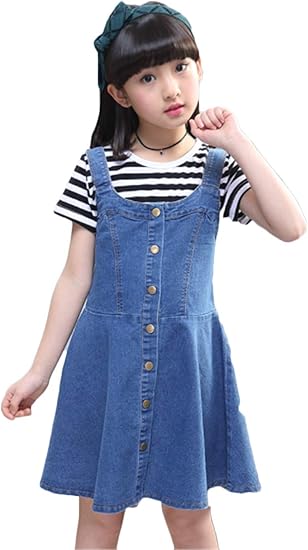 Amazon グードコ 女の子 デニム サスペンダースカート キッズ ワンピース デニム ジャンパー スカート パッチーワーク 膝下丈 かわいい 入学式 結婚式 ワンピース チュニック 通販