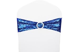 LIZIMI Sequin Chair Sashes Stretch Chair Bands Spandex Polyester Bows for Party Hotel Wedding Banquets Decoration - 6 Pcs Royal Blue