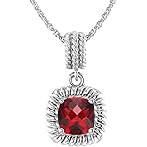 Belinda Jewelz Womens 925 Sterling Silver Gemstone Halo Cushion 8mm Sparkling Genuine Hanging Pendant Classic Chain Birthstone Gift Fine Jewelry Necklace, 1.6 Carat Garnet Red, 18-inch