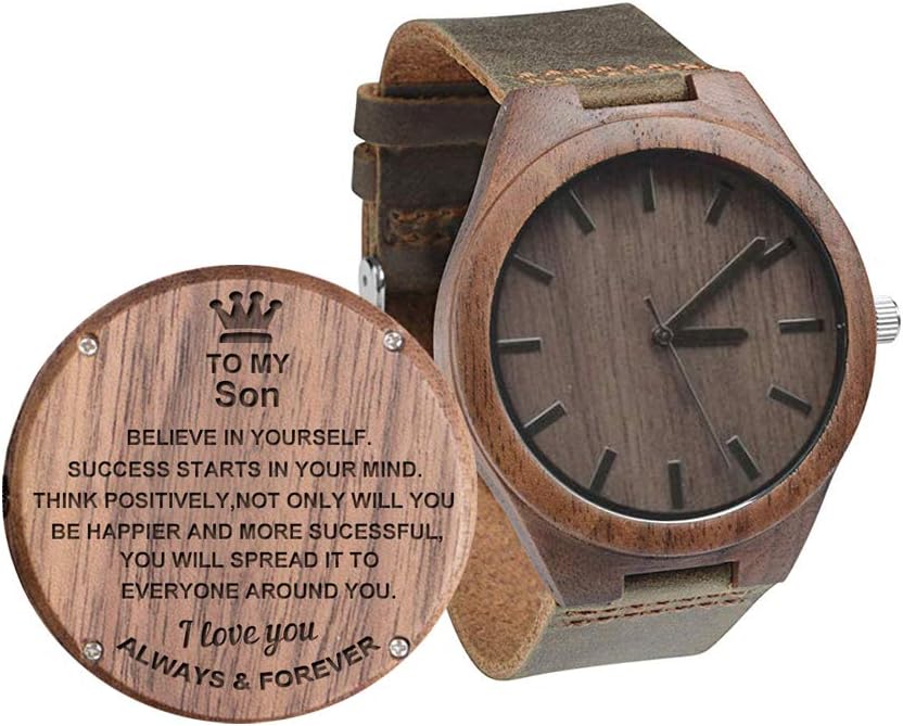 Engraved Wooden Watch, Personalized Gifts for Son, Customized Graduation Birthday Gift, Handmade Casual Wood Wrist Watch with Leather Strap