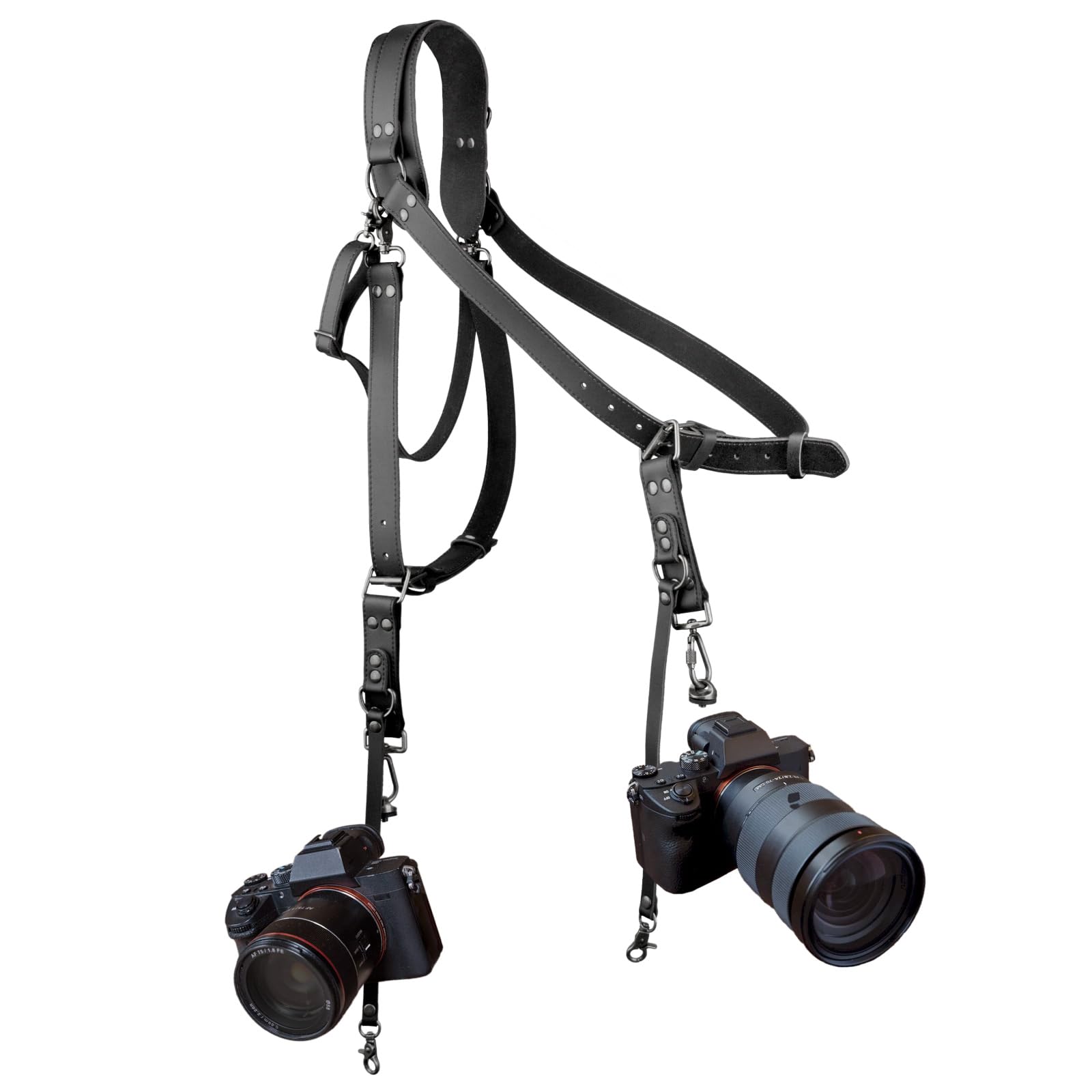 4J LEDR Leather Camera Strap, Shoulder Camera Strap for 1 or 2 Cameras, Dual Camera Harness for Photographers, Black