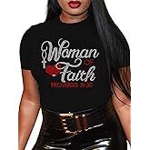 Women's Rhinestone Graphic Funny Cute Tops Melanin Black Girl Letter Print Christian Loose Summer T-Shirt