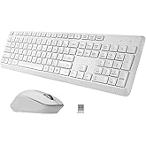 HUO JI Silent Wireless Keyboard and Mouse Combo, 2.4G Full-Size Thin Computer Keyboard Set, Quiet and Soft Ergonomic Wireless Keyboard Mouse for Windows, Laptop/PC/PS/Mac Desktop, White