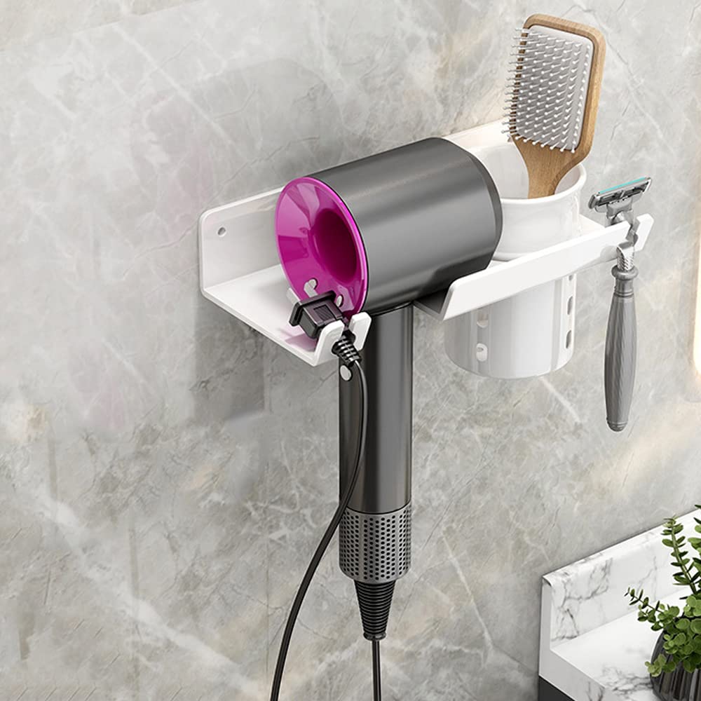 Hosoncovy Metal Hair Dryer Wall Mount Holder with Storage Box Hair Dryer Wall Hanger for Dyson Supersonic Hair Dryer,Universal for Hair Dryer (White)