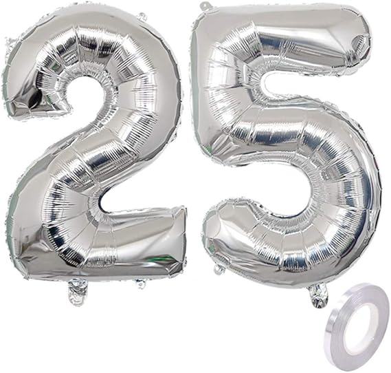 Globo de helio con número 25, color plateado, número 25, para fiestas