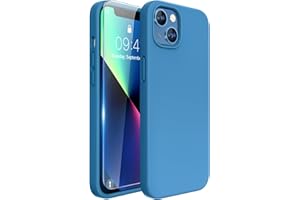 Miracase Designed for iPhone 13 Case, with Tempered Glass Screen Protector, [Soft Anti-Scratch Microfiber Lining], Shockproof Liquid Silicone Rubber Phone Case Cover for 13 6.1 inch(Capri Blue)