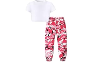 Betusline Girls & Women 2 Piece Outfits, Short Sleeve Crop Top Cargo Pants Trendy Clothing Sets, 4T- Women XL