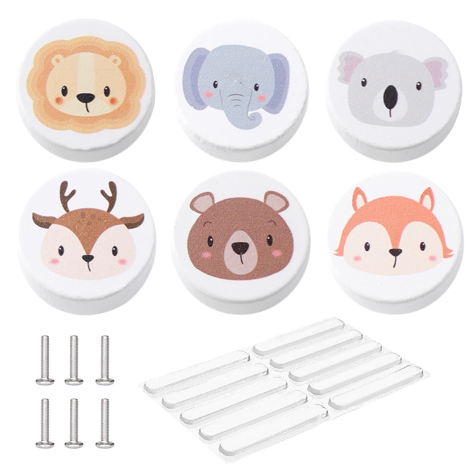 AYNKH Pack of 6 Wooden Cabinet Drawer Knobs with Silicone Door Protectors, 35mm Cartoon Animals Round Handle with Screws for Children's Room Kitchen Bedroom Furniture