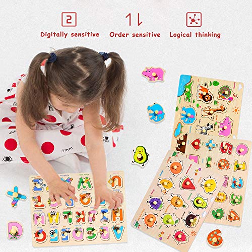 image for Blppldyci Wooden Peg Puzzle for Toddlers, Alphabet ABC, Numbers Fruits