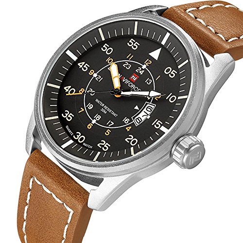 Men's Quartz Analog Wrist Watches with Brown Leather Strap Silver Case Auto Date Luminous Hands- 30M Waterproof Watch