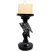 Skull Candlestick Holder for Halloween Decoration, Raven Skull Skeleton Spooky Decor Pillar Candle Holder, Antique Creepy Skeleton Black Taper Candle Holders for Halloween Christmas