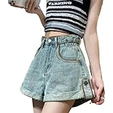 Y2k High Waisted Denim Shorts for Women with Belt - Vintage Loose Fit Rolled Hem Jean Shorts, Casual Summer Streetwear