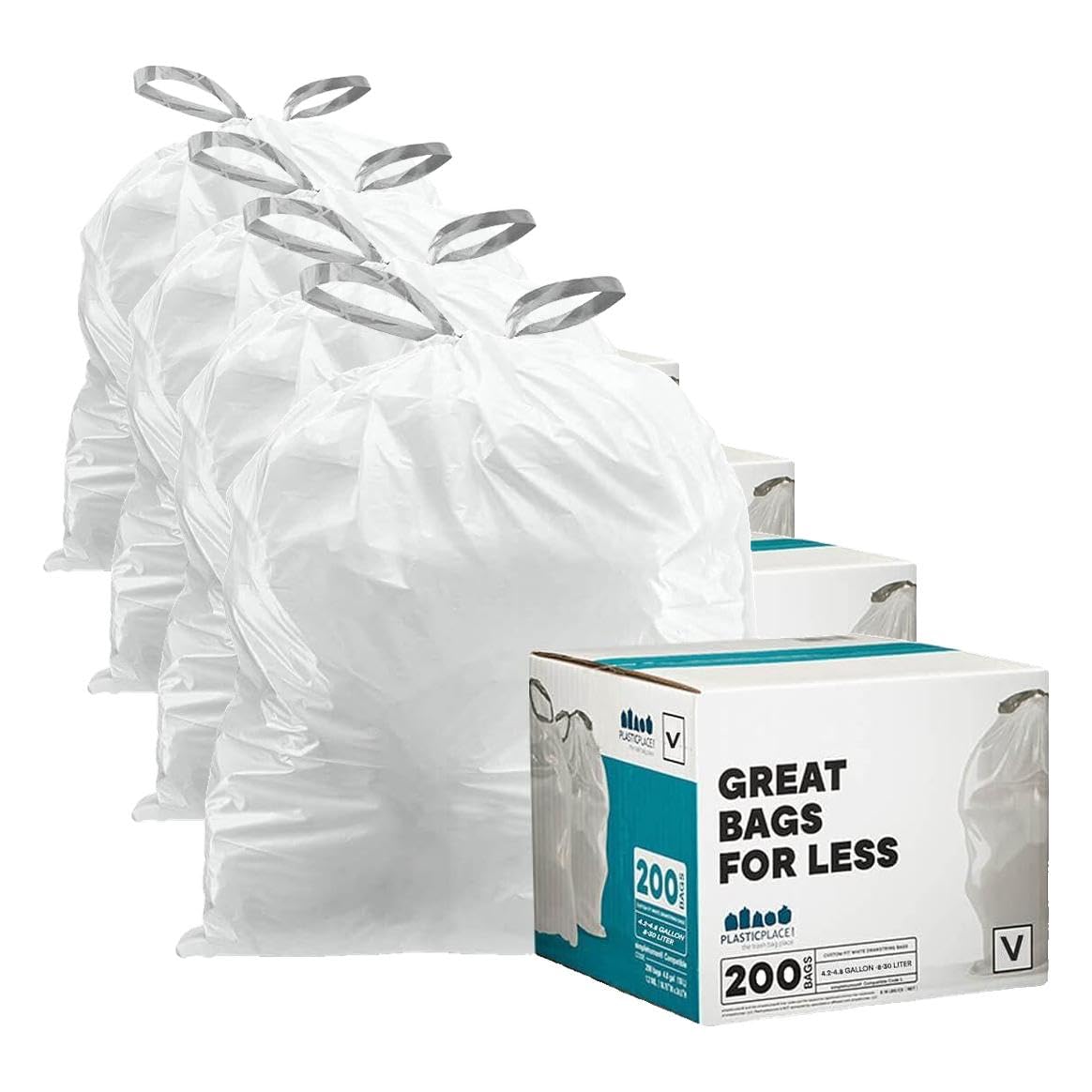 Plasticplace Custom Fit Trash Bags, Compatible with simplehuman Code V (200 Count) White Drawstring Garbage Liners 4.2-4.8 Gallon/ 16-18 Liter, 14.5" x 27.5" (Pack of 4) Image