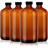 turvono 4 Pack 32 oz Amber Glass Boston Round Bottles with Phenolic Polycone Caps – Airtight, Leak-Proof Brown Bottles for Kombucha Brewing, Essential Oils, Storing Condiments, and Homemade Solutions