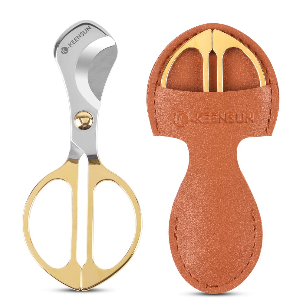 KEENSUN Cigar Scissors Cutter,Stainless Steel Guillotine Double Blade Straight Cut Scissors (Gold) with Leather Case Cigar Accessories for Cigars(2.09" Handle Width)