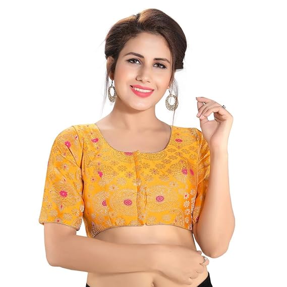 Brocade Padded Round Neck Blouse - MUHENERA_X-891.ELB_YELLOW