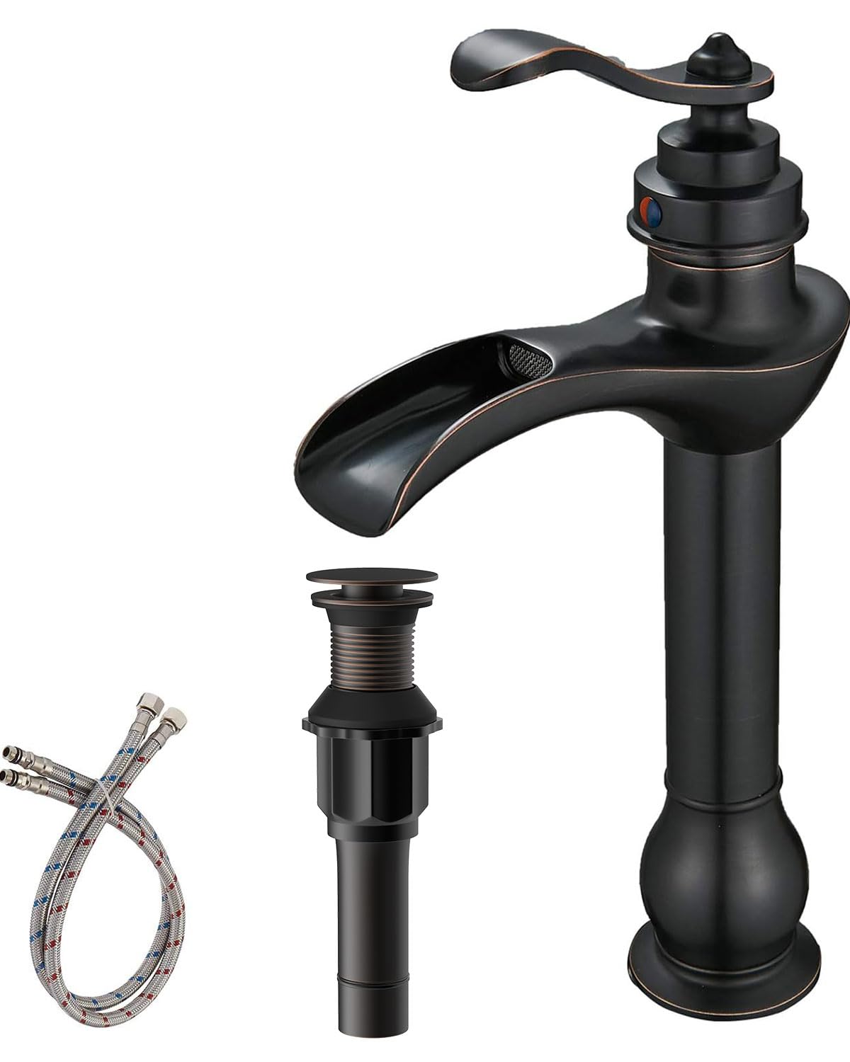 Photo 1 of BWE Vessel Sink Faucet Oil Rubbed Bronze Bathroom Faucet with Pop Up Drain Assembly and Supply Hose Single-Handle Single Hole Tall Bathroom Faucet Vanity Lavatory Mixer Tap Tall Body