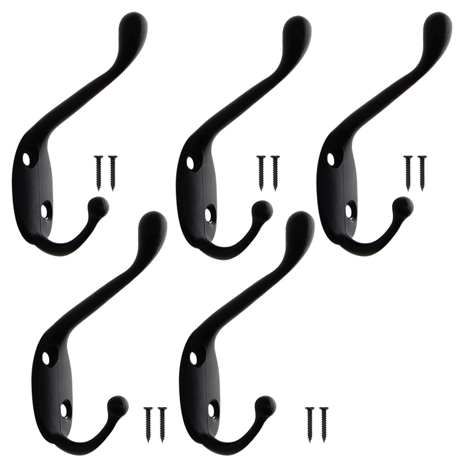 Lanzn 5 PCS Coat Hooks Black Metal Clothes Hooks Vintage Wall Hooks Heavy Duty Dual Coat Hooks Wall Mounted Coat Rack Retro Hat Hooks with 10 Screws for Kitchen Bathroom Bedroom Wall Door Wood Rail