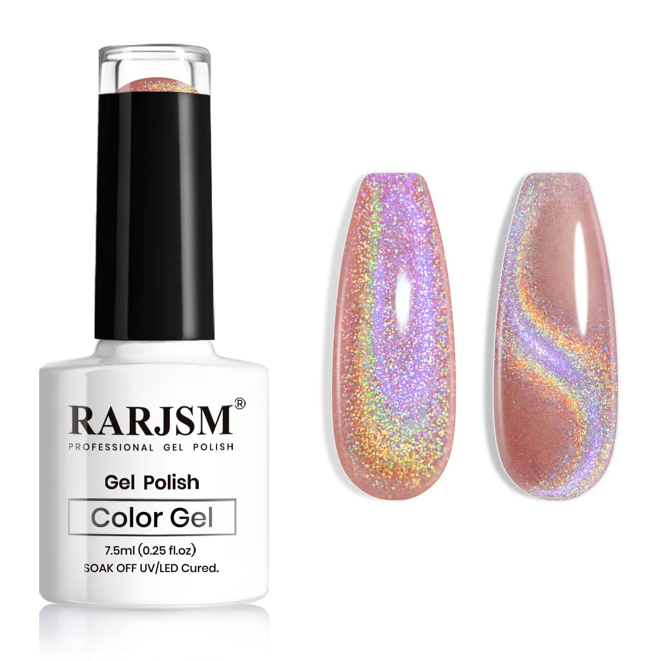 RARJSM Holographic Cat Eye Gel Nail Polish,Rainbow Glitter Effect Sparkling Rose Gold Color Glossy Soak off Nail Gel Curing Required for Nail Art Design Single Bottle 7.5ml without ​Magnetic Stick