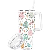 FYSUIMU Easter Tumbler with Handle 40oz Easter Egg Bunny Flowers Tumbler with Lid and Straw Colorful Holiday Stainless Steel Cup for Easter Spring Home Office Travel