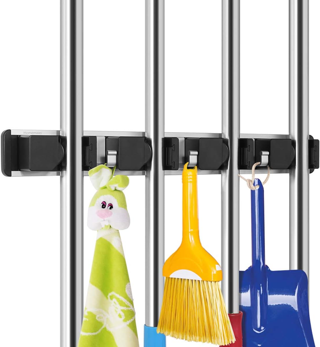 Homemaxs Mop Broom Holder Multipurpose Wall Mounted Organizer Storage Hooks Ideal Broom Hanger for Kitchen Basement and Garage - 4 Slots with 3 Hooks (Black)